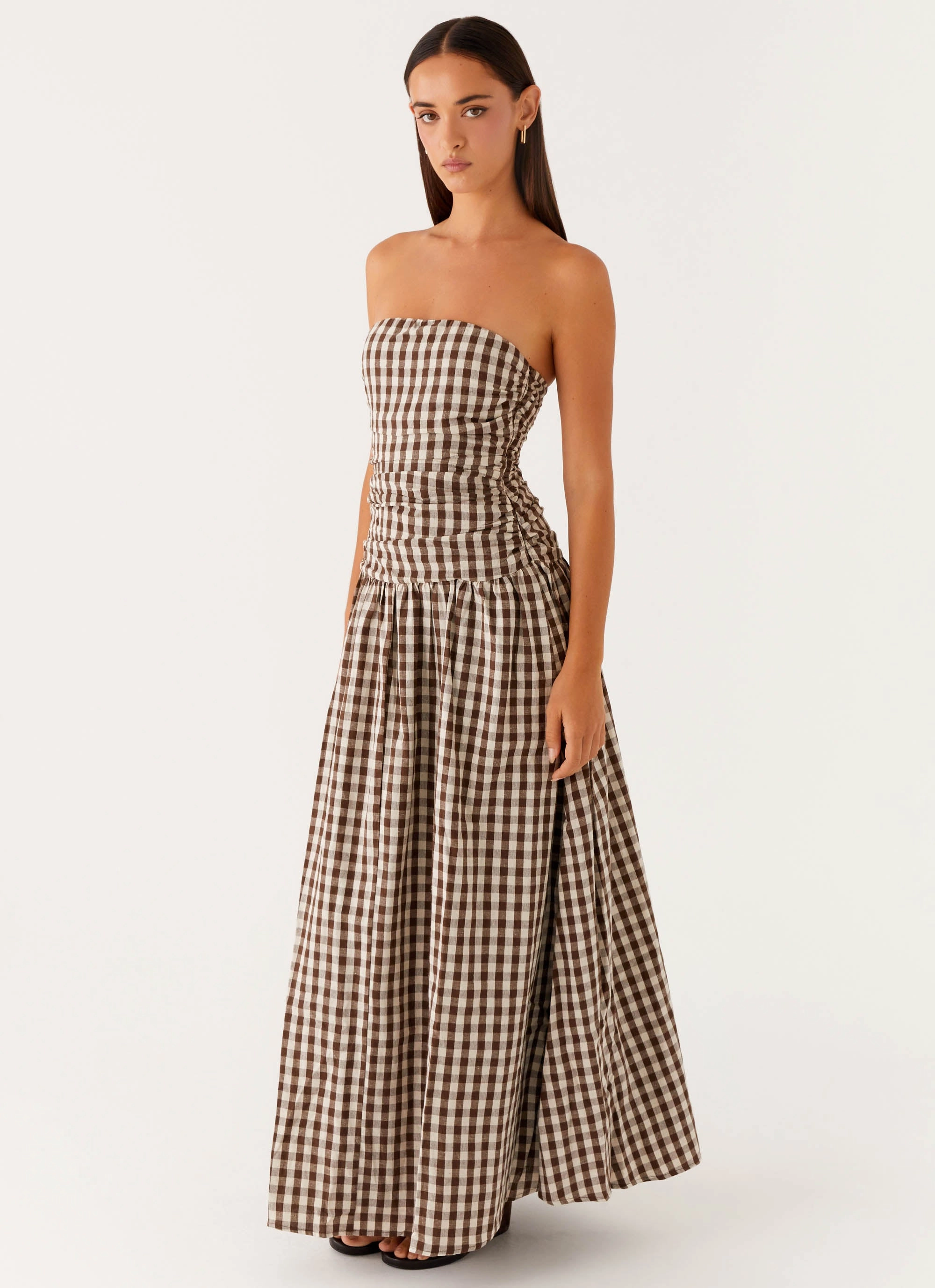 Carmel Maxi Dress - Brown Gingham Autumn Look Chic and Cozy Wear