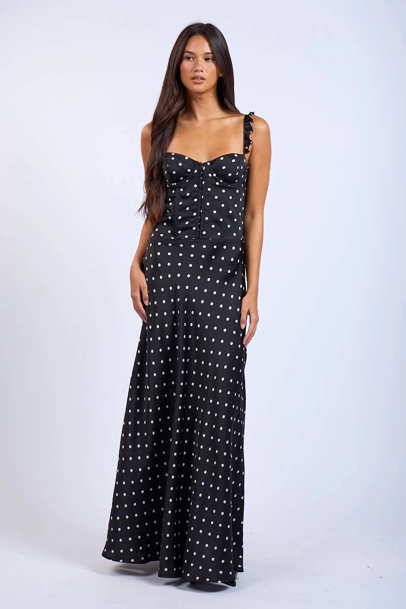 Comfortable Cut Rustic Charm Maxi Dress- Black Polka Dot