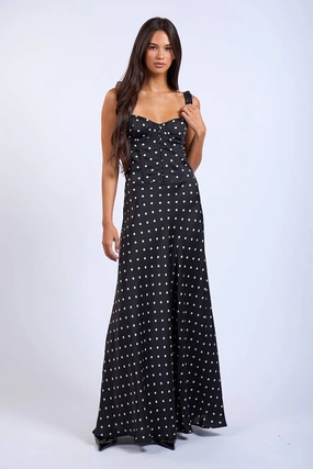 Minimalist fit-and-flare Neutral Mood Rustic Charm Maxi Dress- Black Polka Dot