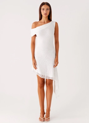 Rylee One Shoulder Midi Dress - White Dainty Finish