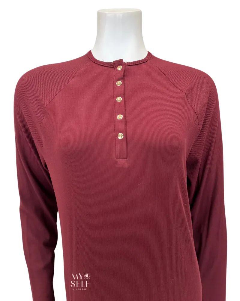 S6266 Merlot Gold Snaps Ribbed Modal Nightgown
