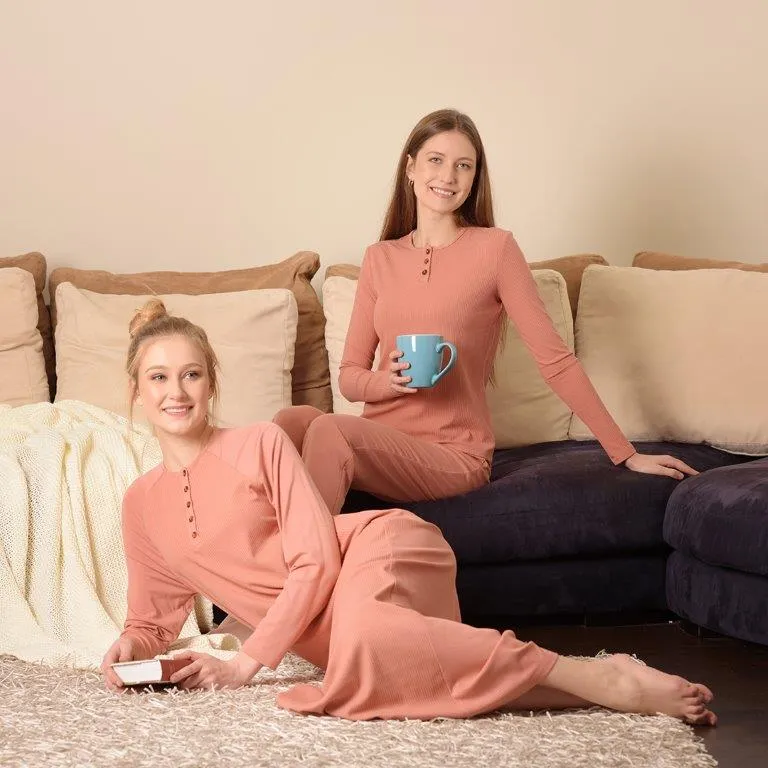 S6266 Salmon Buttons Ribbed Nightgown