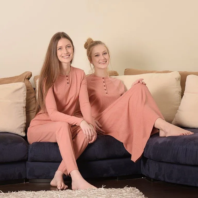 S6266 Salmon Buttons Ribbed Nightgown