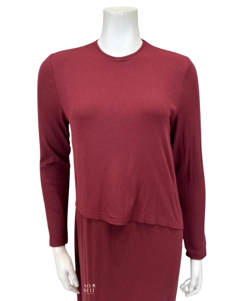S6522 Merlot Ribbed Diagonal Overlay Modal Nursing Nightgown