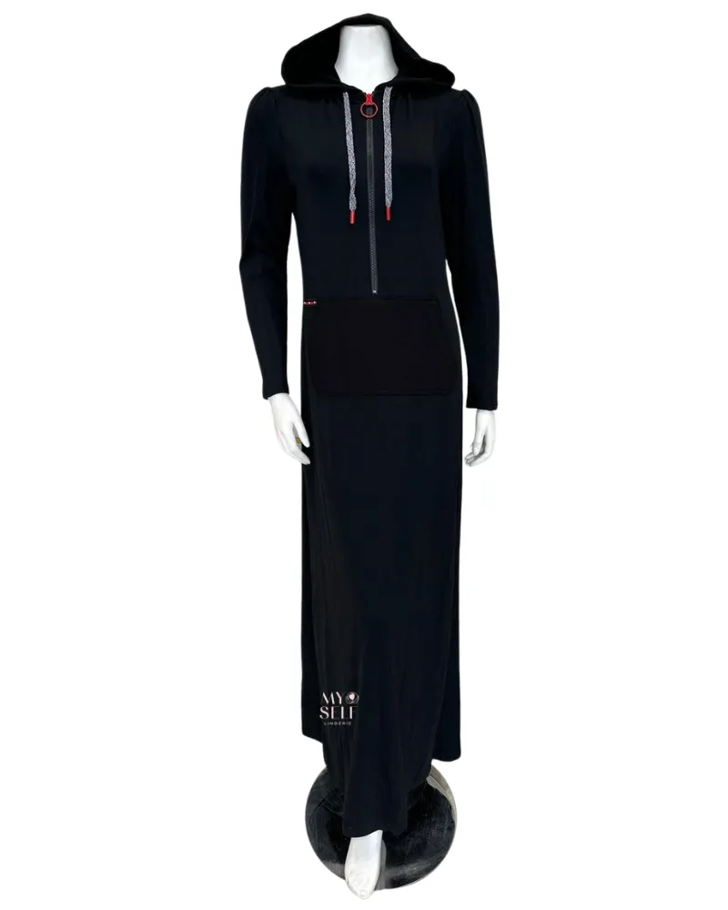 S6802 Black Kangaroo Zippered Jersey Morning Robe