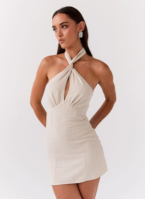 Sabine Linen Mini Dress - Oatmeal Hand Painted Invisible Seams