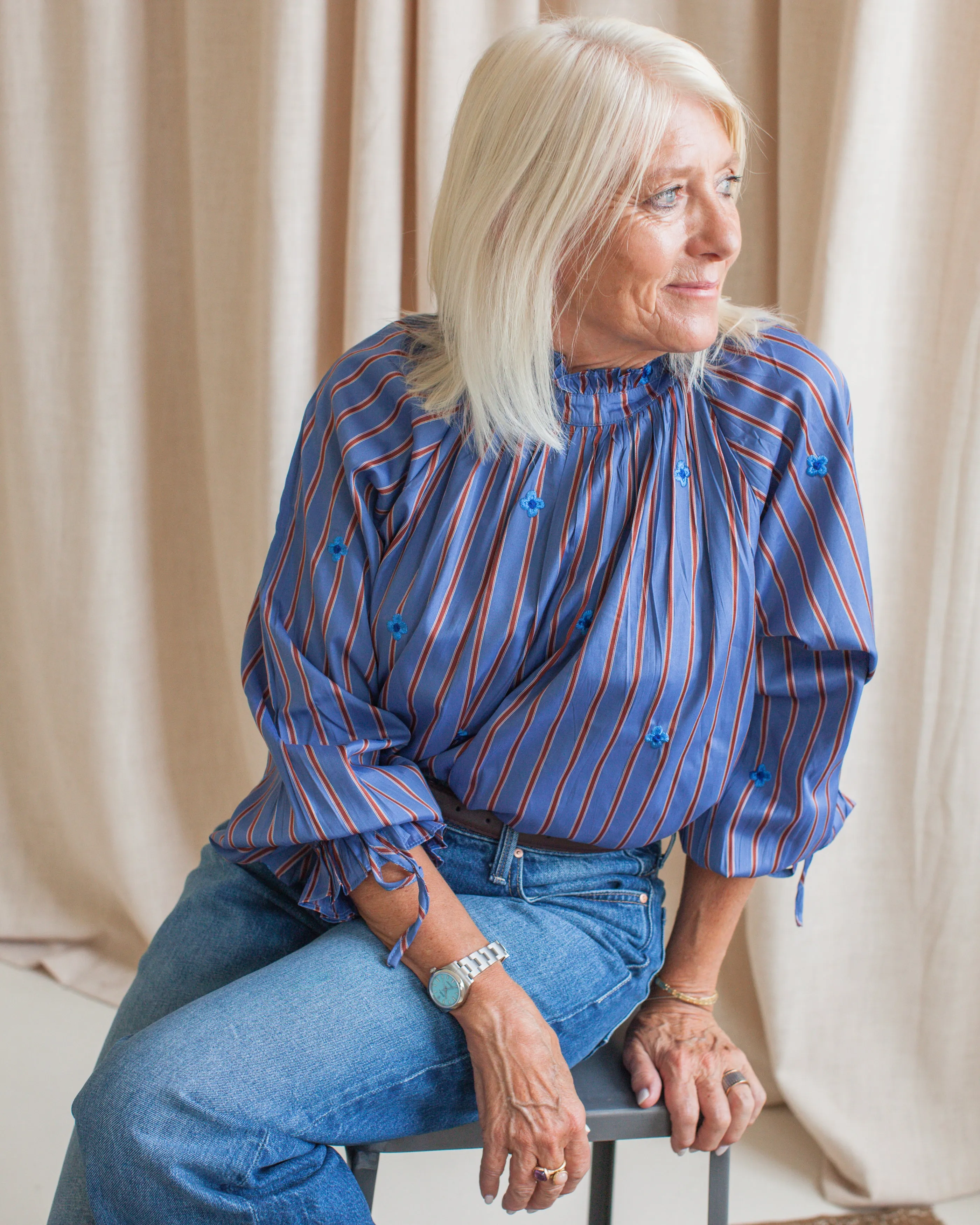 Sadie Stripe Blouse - Blue Neutral Tone Stitching
