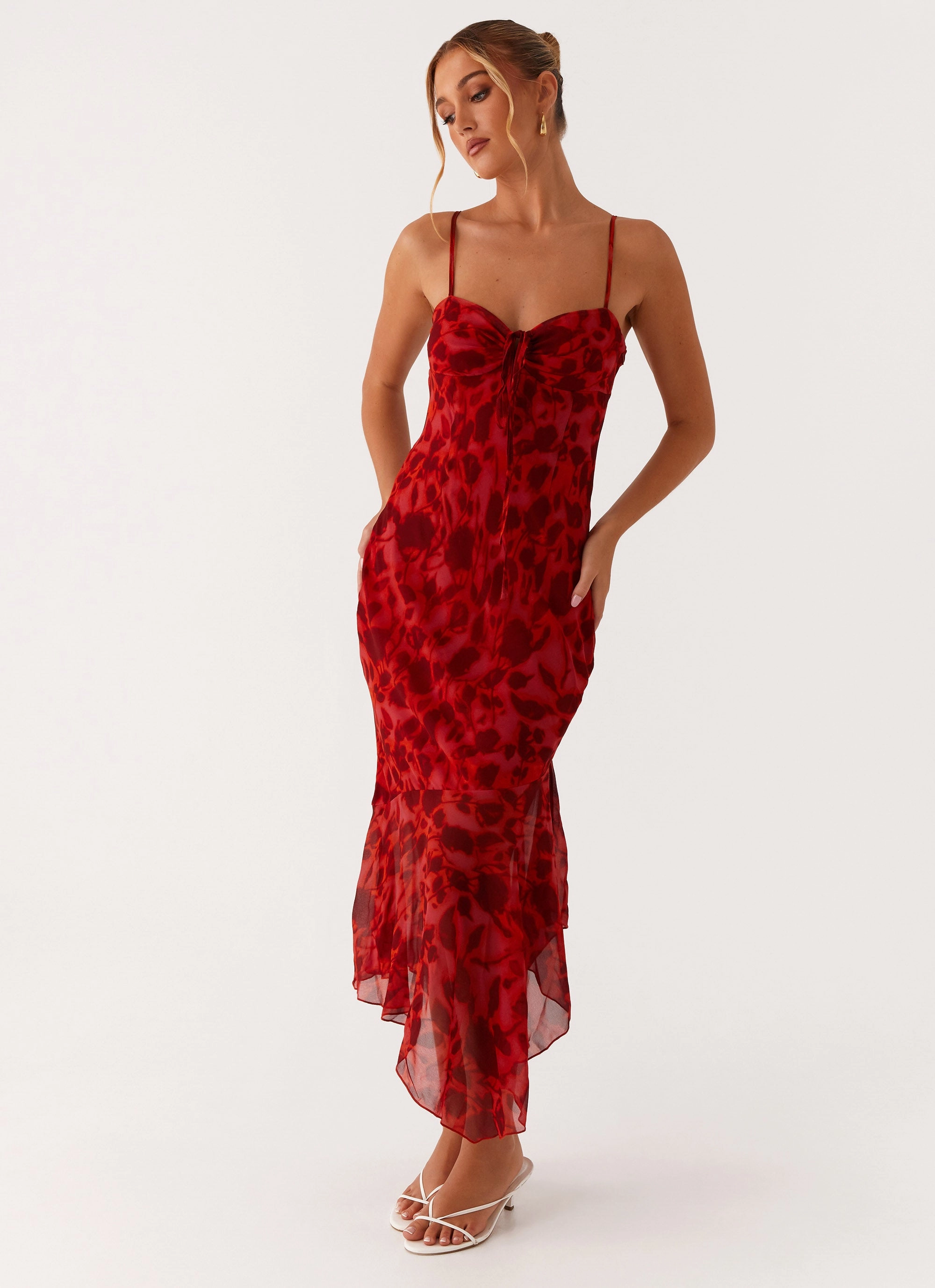 Cozy Fit Comfortable Waist Design Fit Sally Midi Dress - Deep Red Floral
