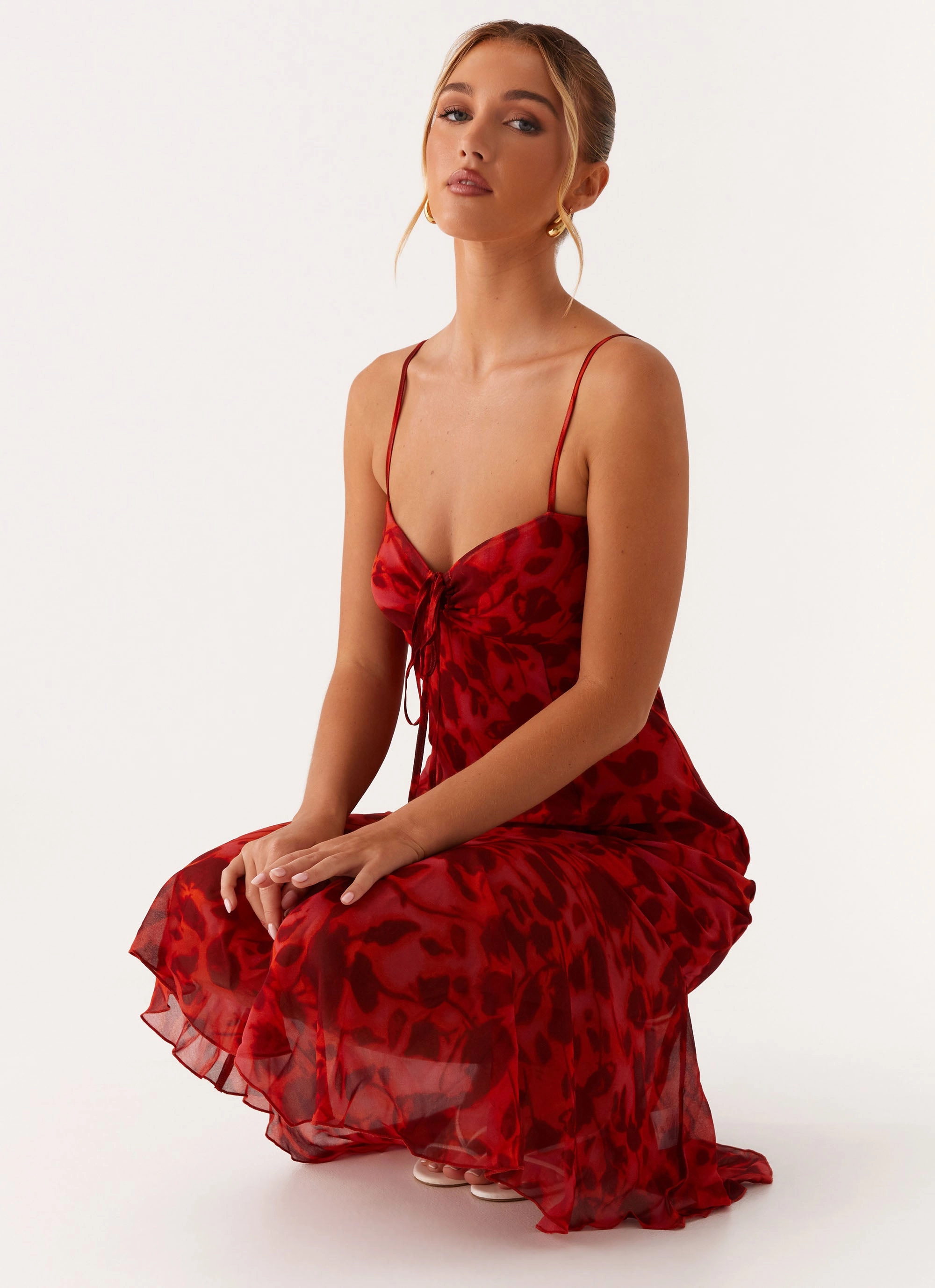 Sally Midi Dress - Deep Red Floral Stylish Fit
