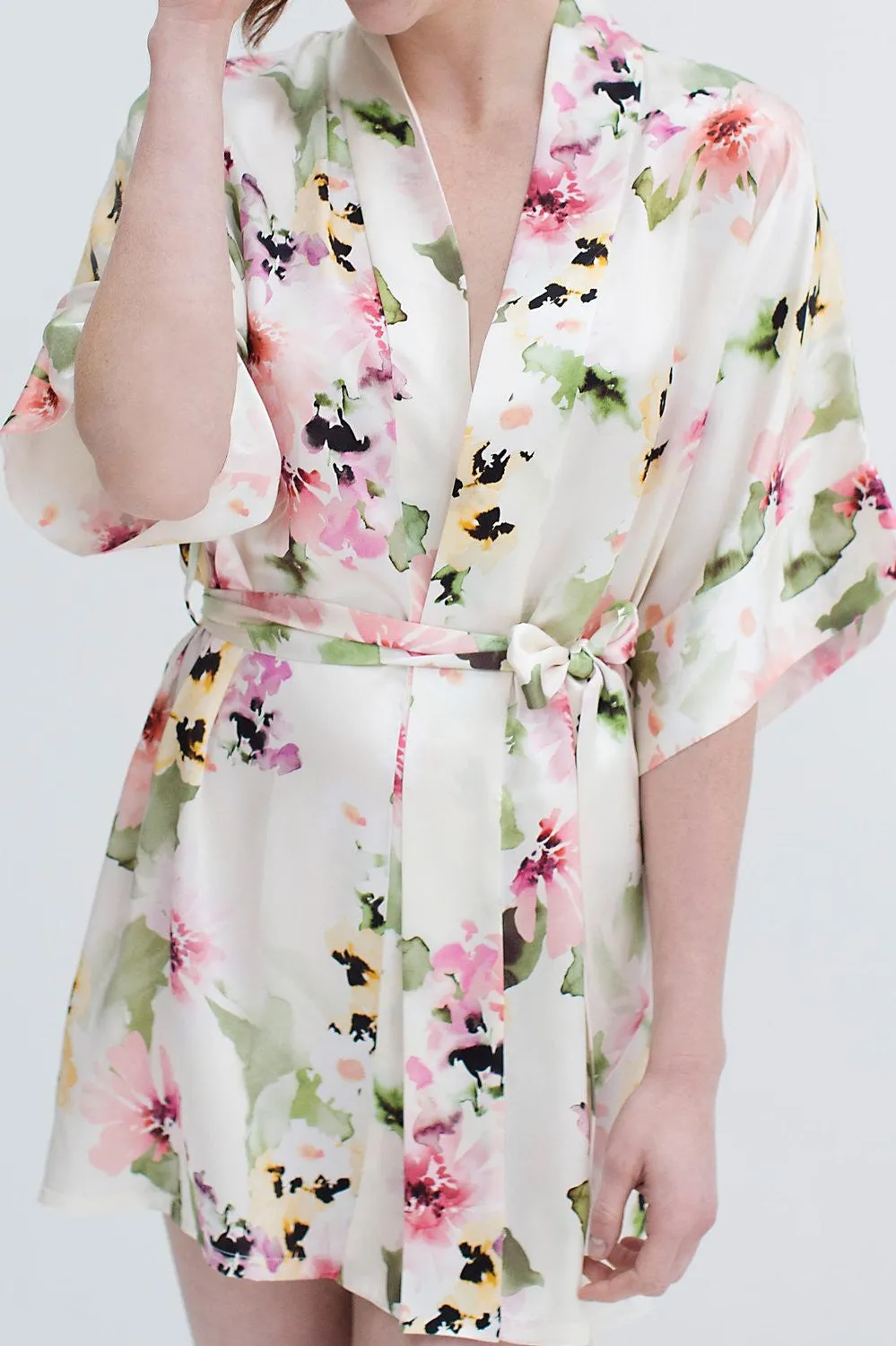 Samantha Silk Kimono Robe in Watercolor Dreams floral print