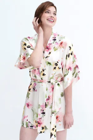 Samantha Silk Kimono Robe in Watercolor Dreams floral print