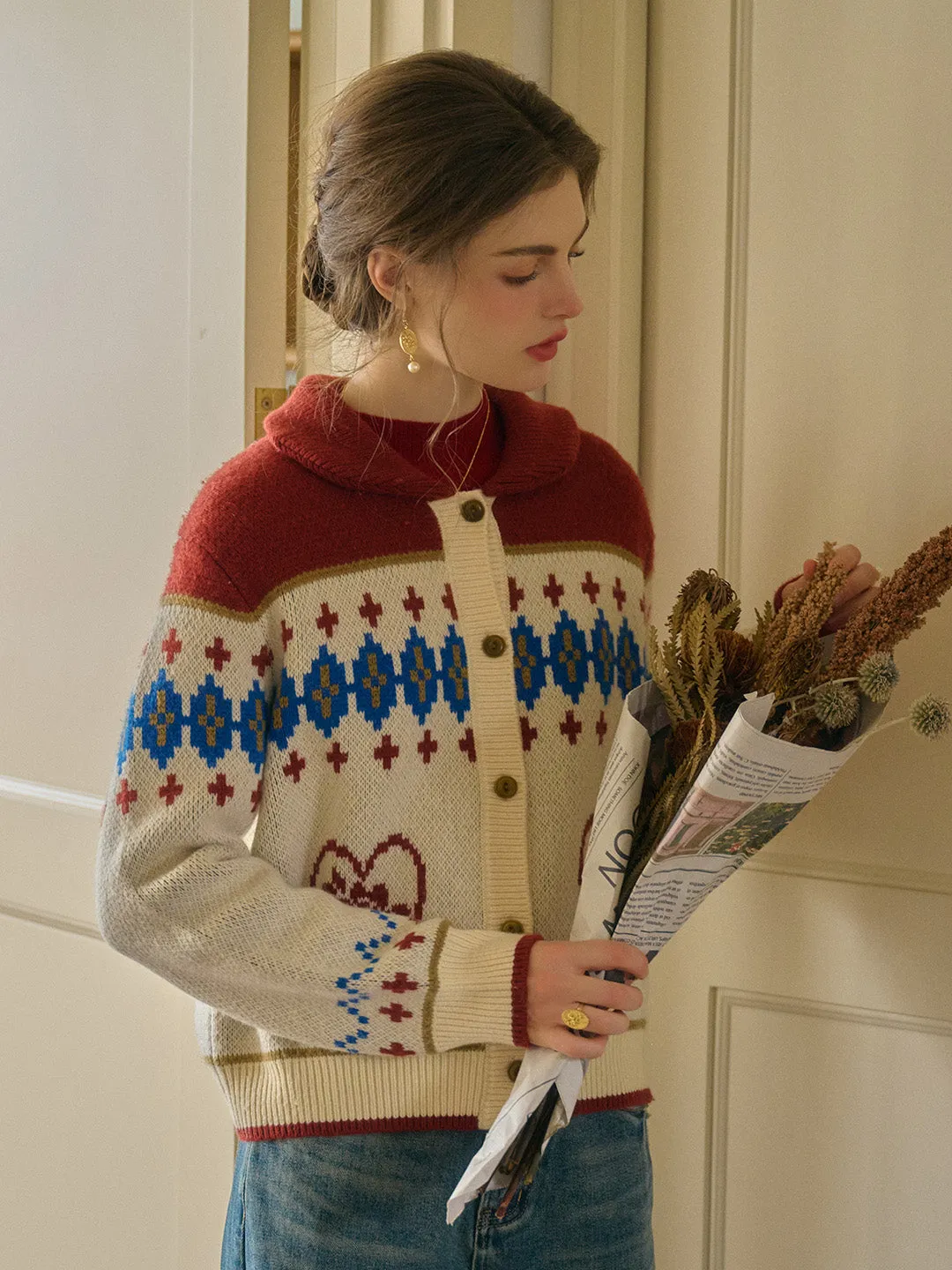 Samira Vintage Lapel SR Exclusive Design Rose Jacquard Fair Isle Cardigan MultiFunctionalDesign High Collar Design