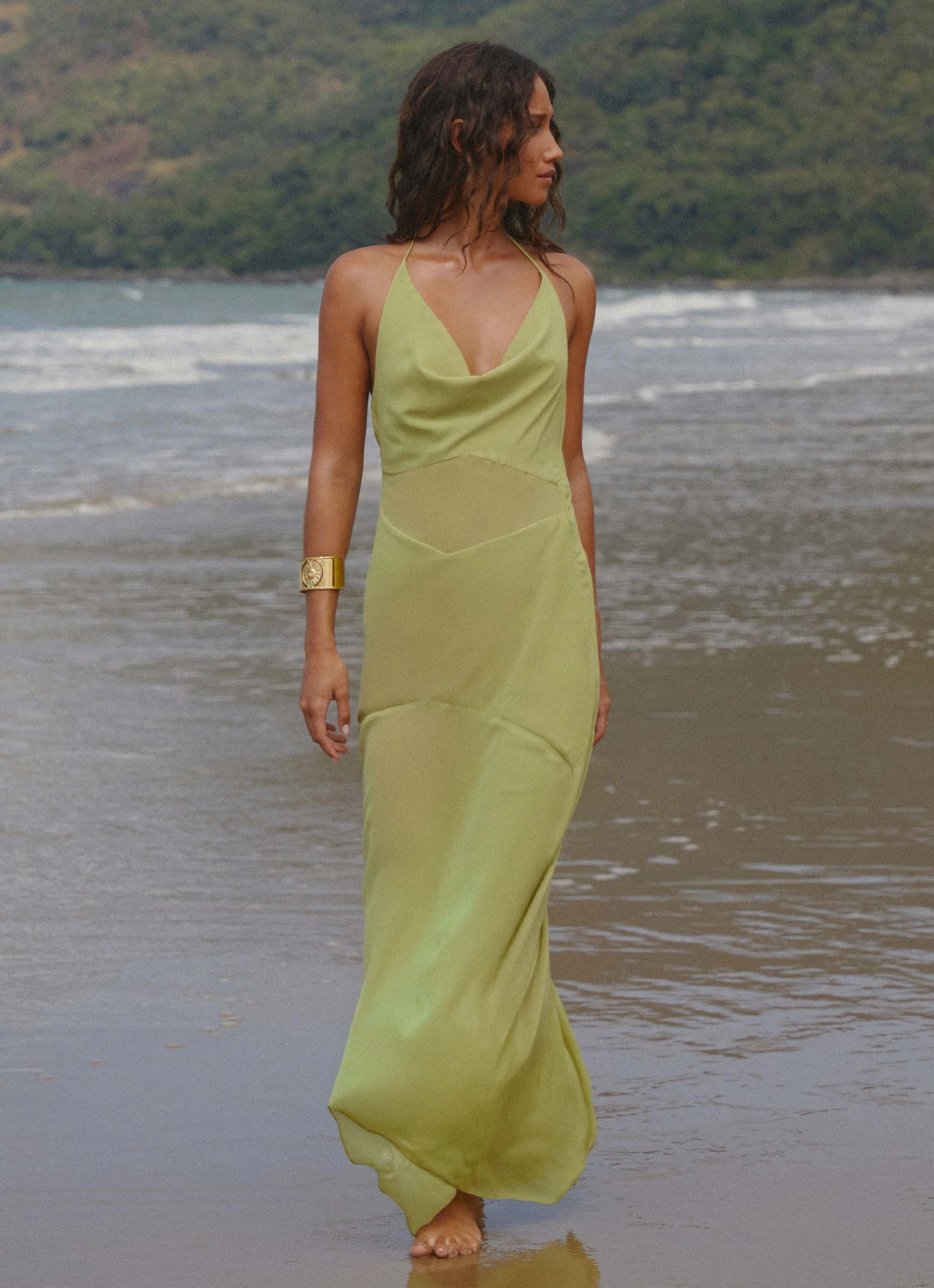 Elegant Waist Fit Vintage Vibe Samoa Maxi Dress - Lime
