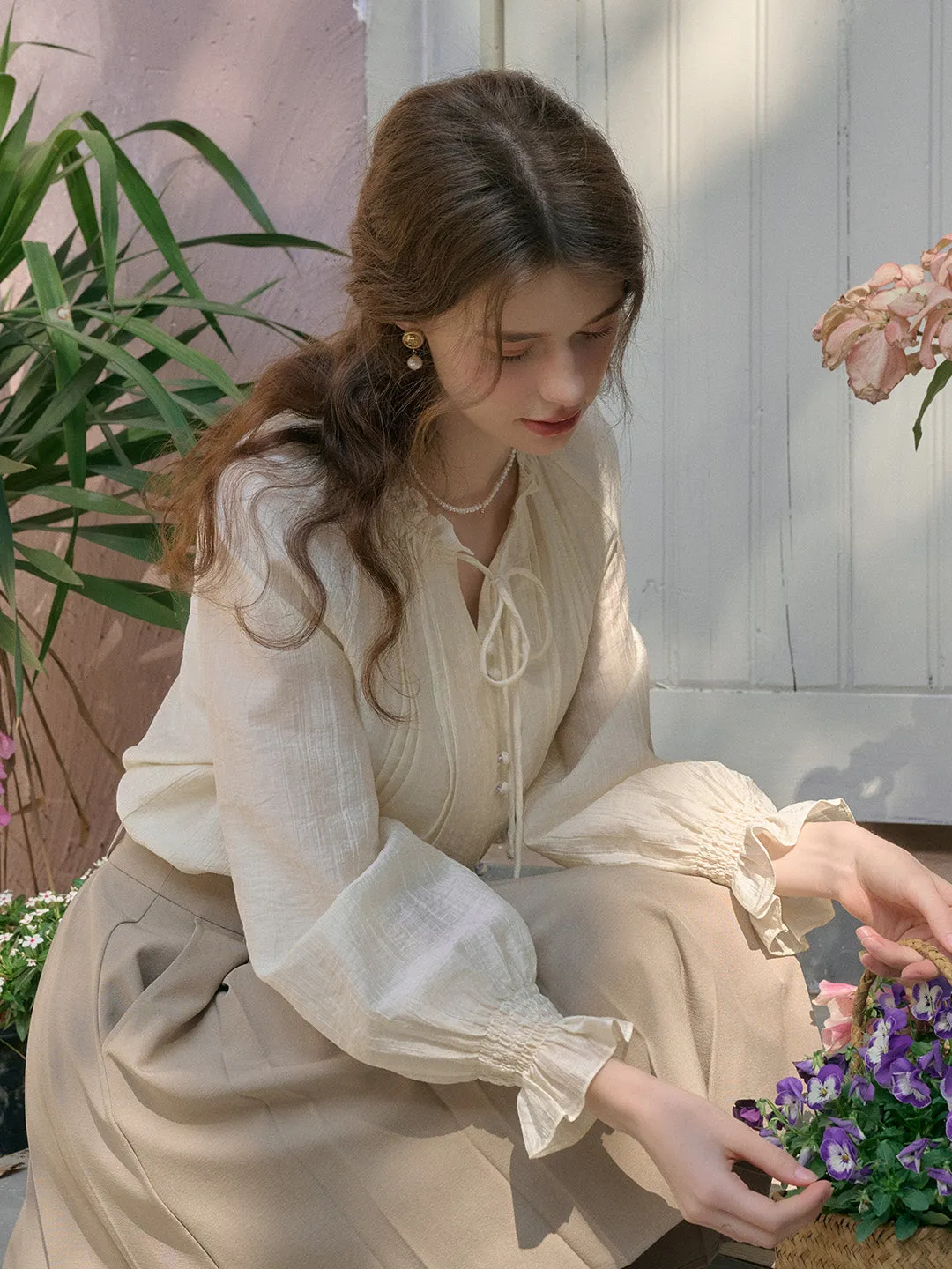 Sana Ruffle Collar Tie Blouse - Blue Summer Dress Office Look
