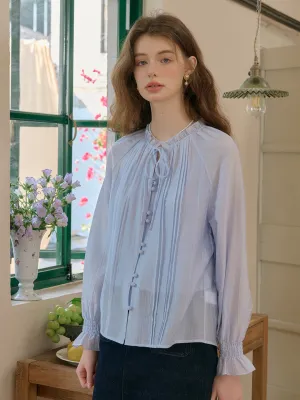 Sana Ruffle Collar Tie Blouse - Blue Ventilated Back Panels