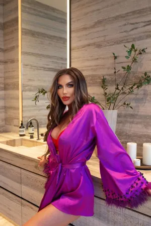 SANDRA fuchsia silk robe with feathers