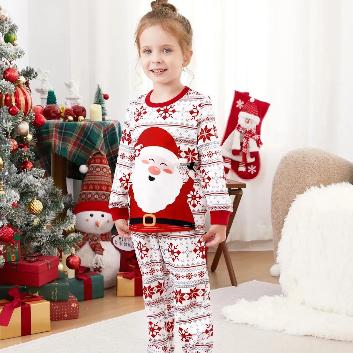 Santa Claus Pajamas for Family Father Santa Hat Belt Snowflake Print