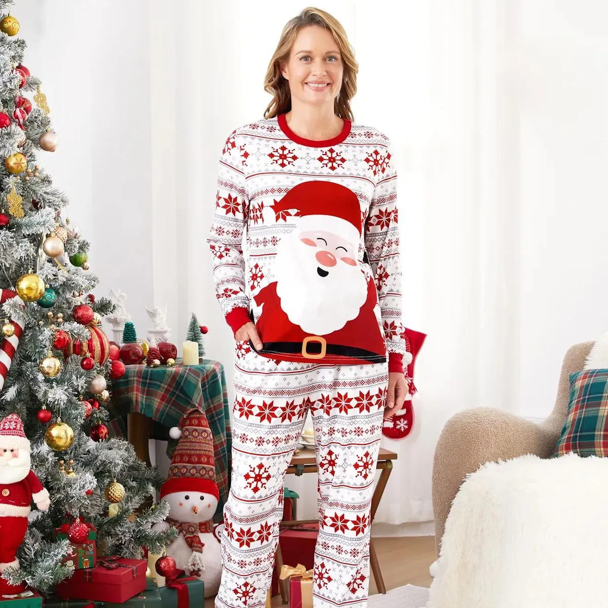 Santa Claus Pajamas for Family Father Santa Hat Belt Snowflake Print
