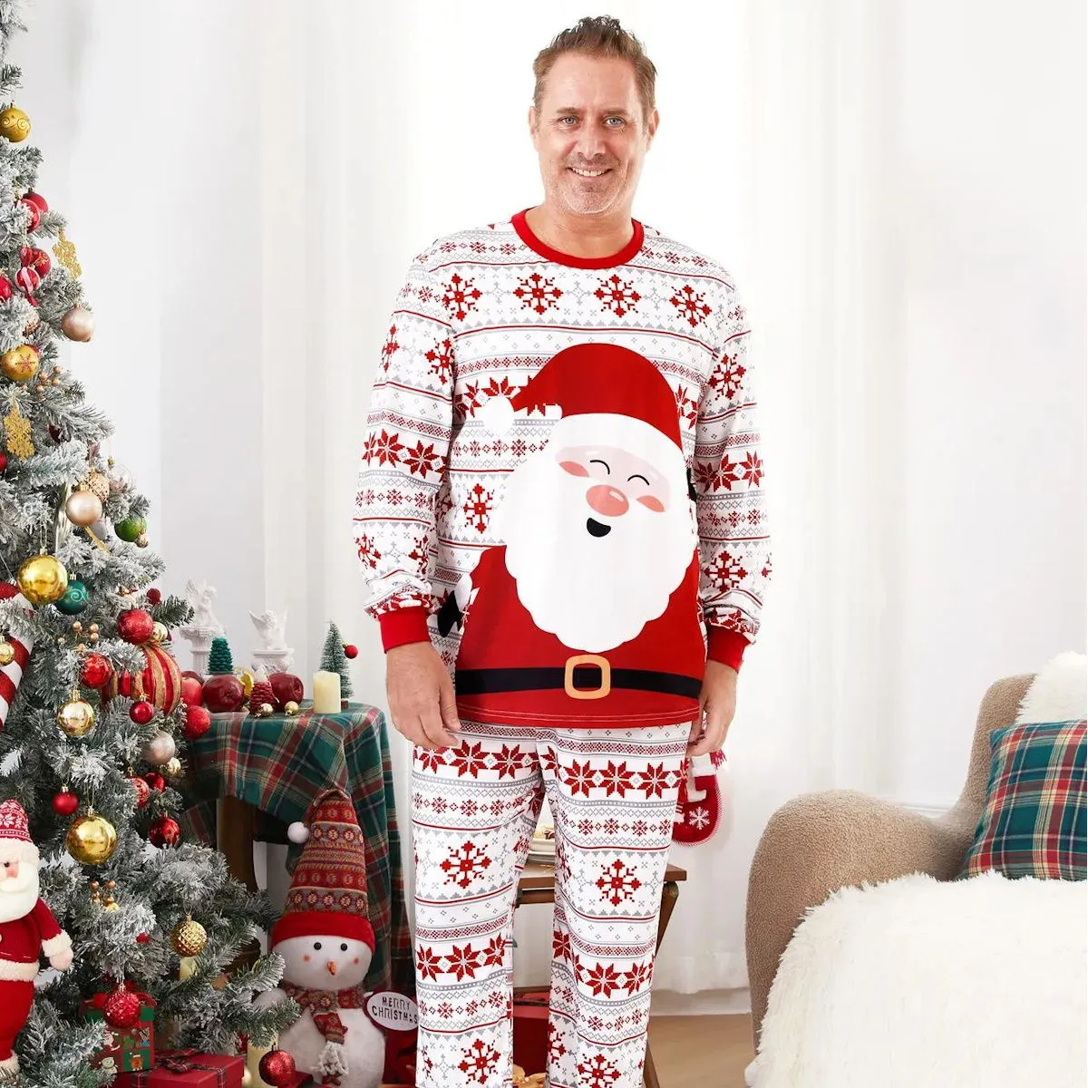 Santa Claus Pajamas for Family Father Santa Hat Belt Snowflake Print