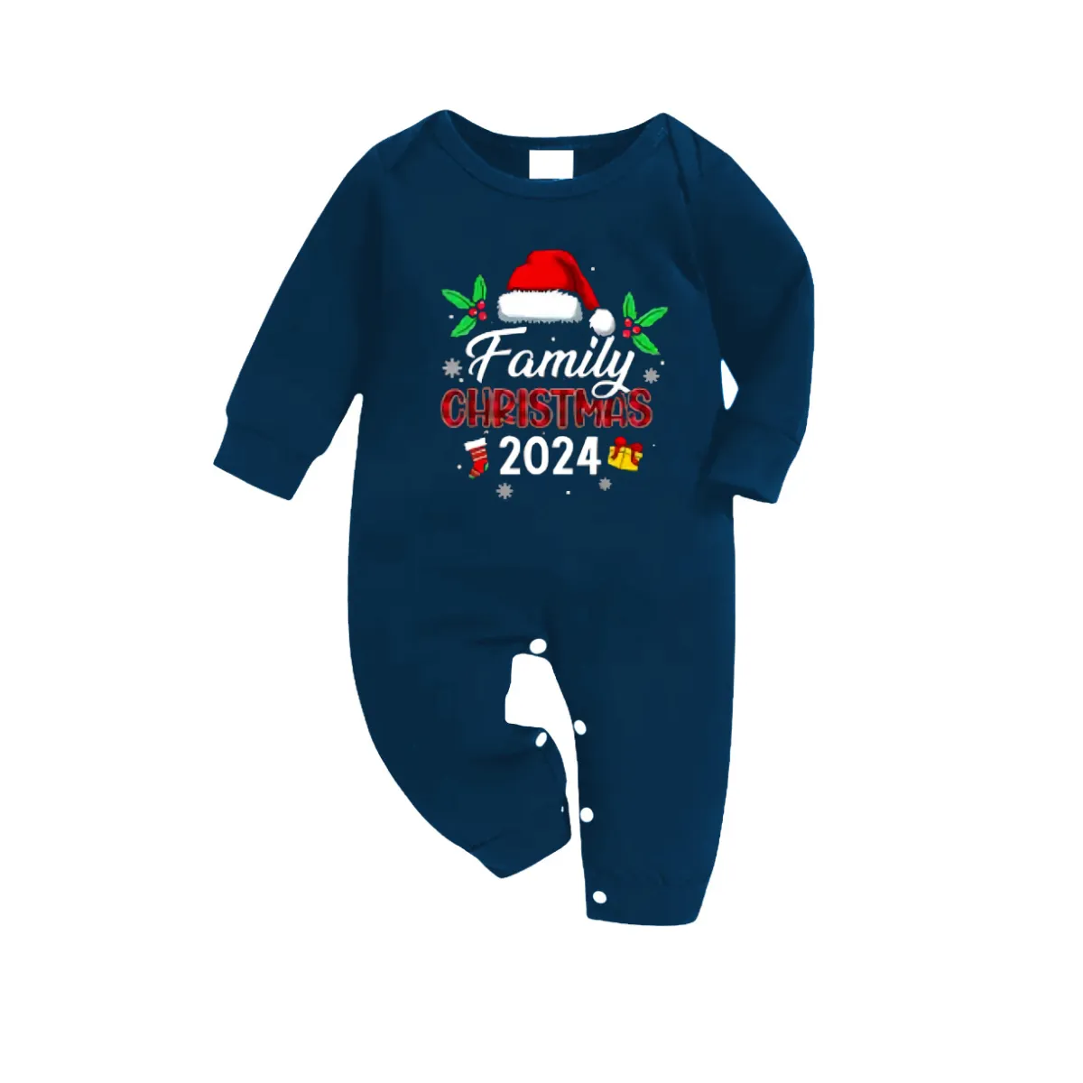 Santa Hat and "Family Christmas 2024" Printed Blue Christmas Matching Pajamas