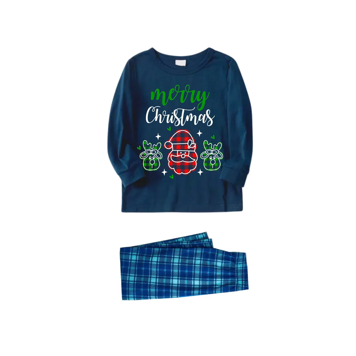 Santa Moose Cute Cartoon Pattern "Merry Christmas" Letter Prints Black Long Sleeves Top with Blue and Green Plaid Pants Family Matching Pajamas