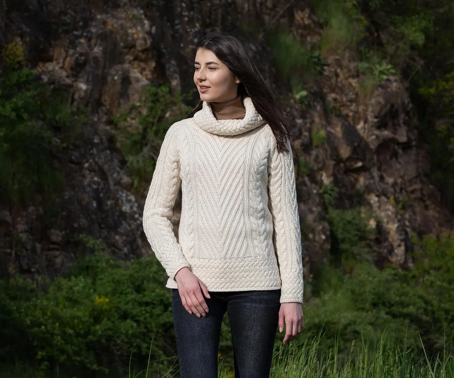 SAOL Ladies Turtleneck Ribbed Irish Cable Knit Sweater
