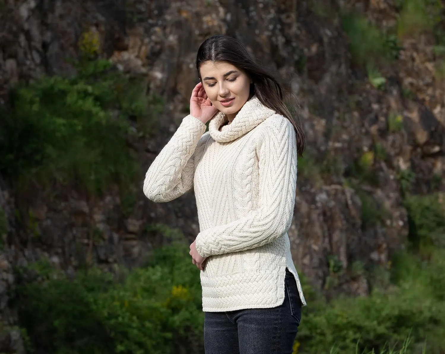 SAOL Ladies Turtleneck Ribbed Irish Cable Knit Sweater