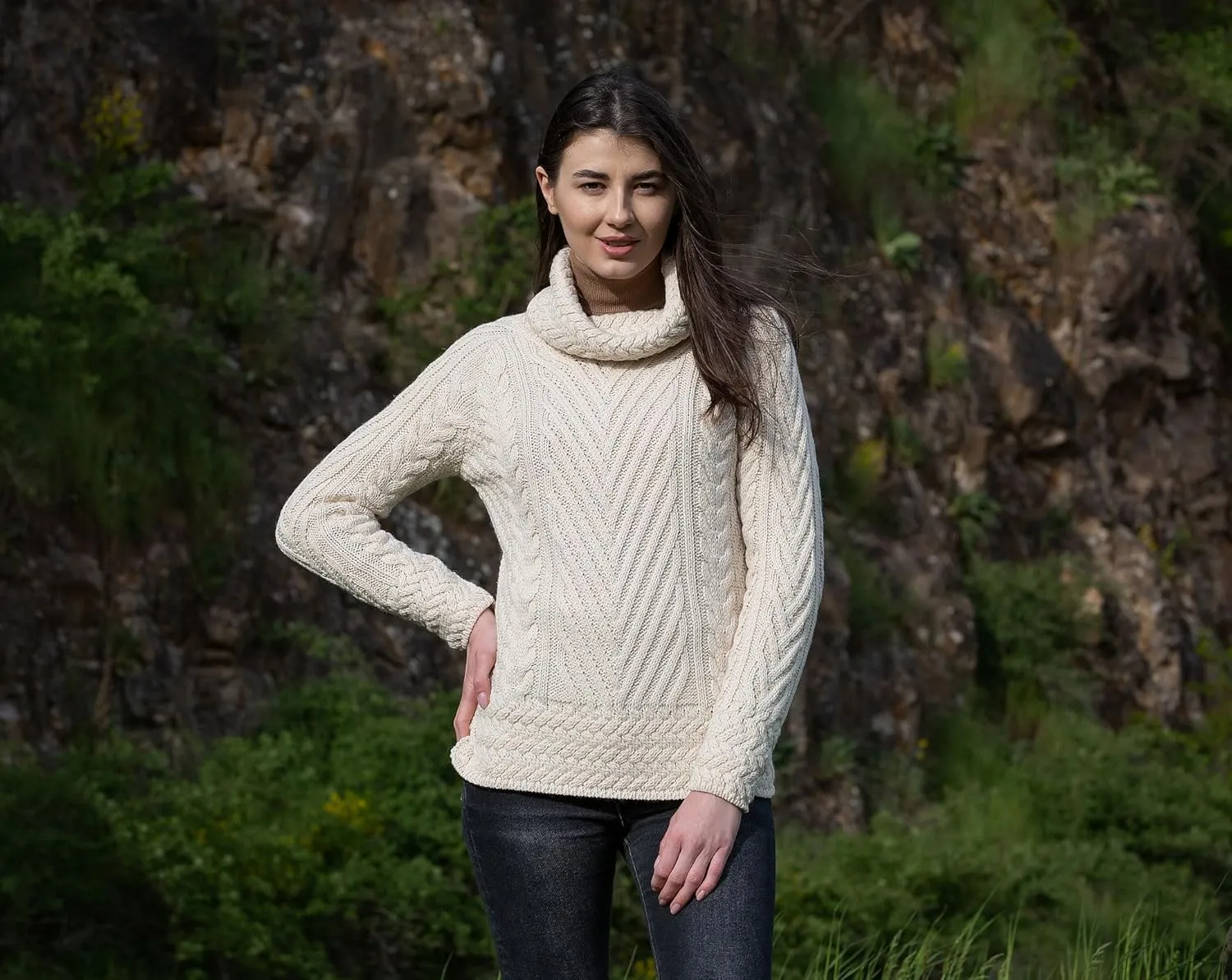 SAOL Ladies Turtleneck Ribbed Irish Cable Knit Sweater