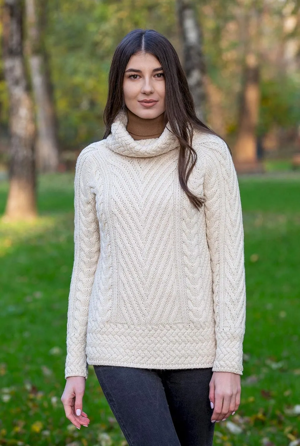 SAOL Ladies Turtleneck Ribbed Irish Cable Knit Sweater
