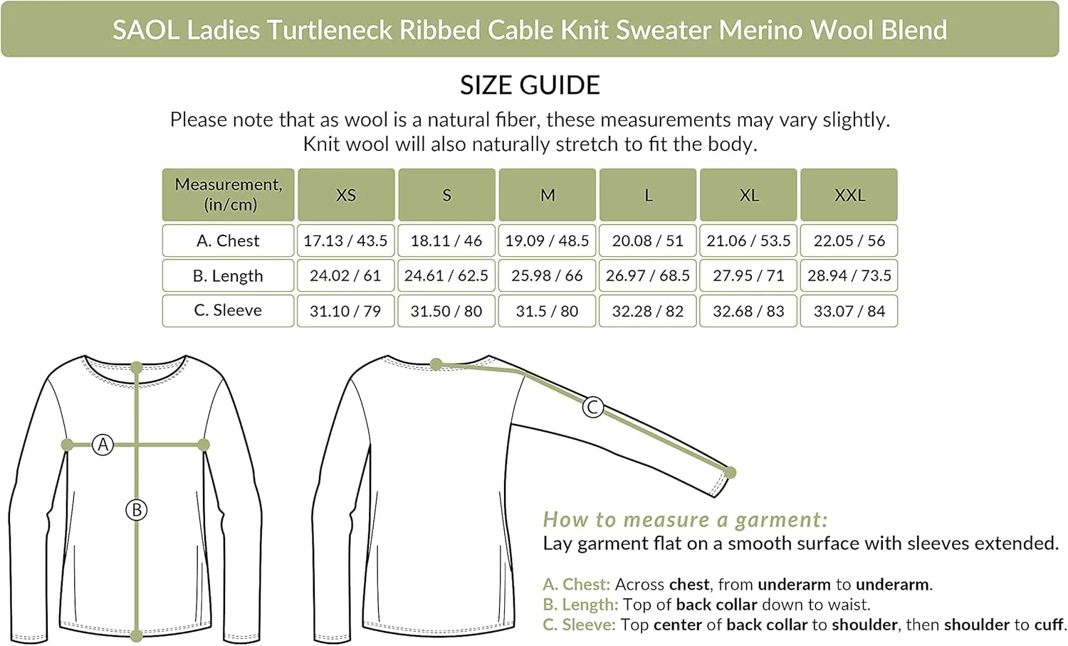 SAOL Ladies Turtleneck Ribbed Irish Cable Knit Sweater