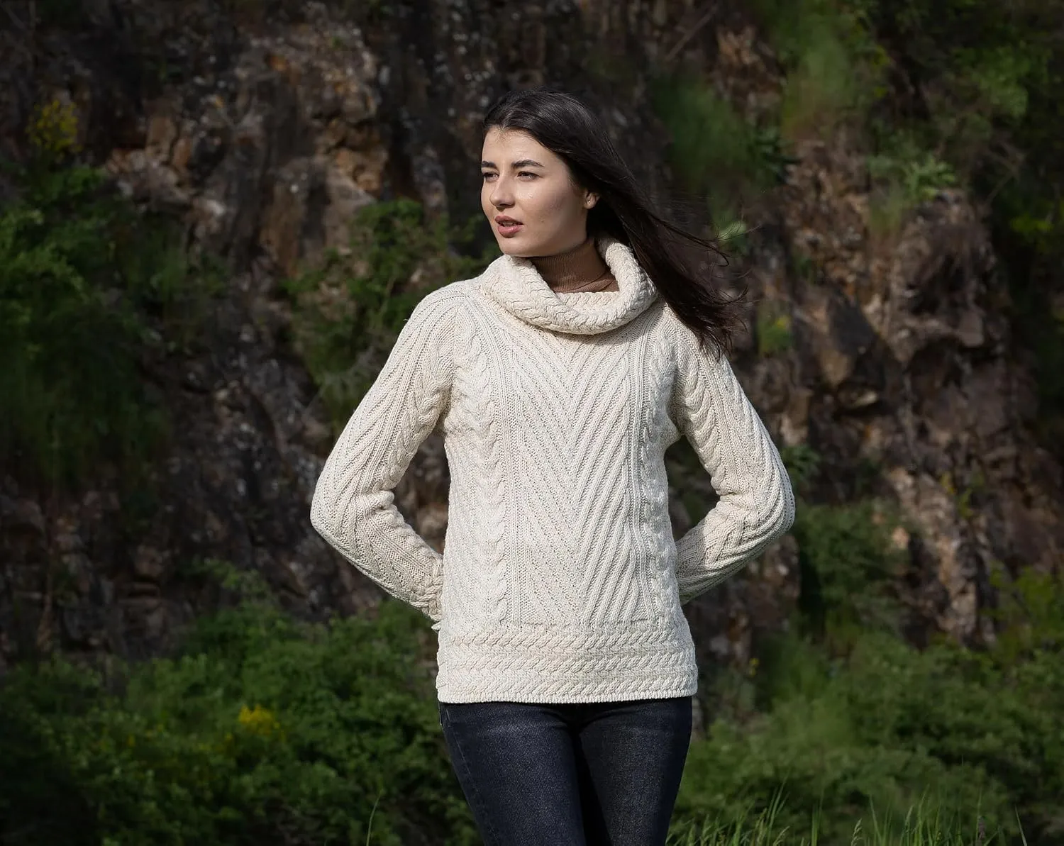 SAOL Ladies Turtleneck Ribbed Irish Cable Knit Sweater