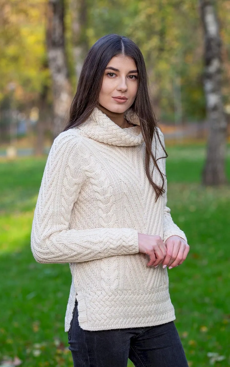 SAOL Ladies Turtleneck Ribbed Irish Cable Knit Sweater