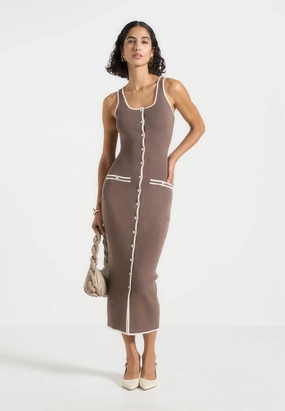 Occasion Wear Daphne - Rib Knit Contrast Midaxi Dress - Brown/Cream
