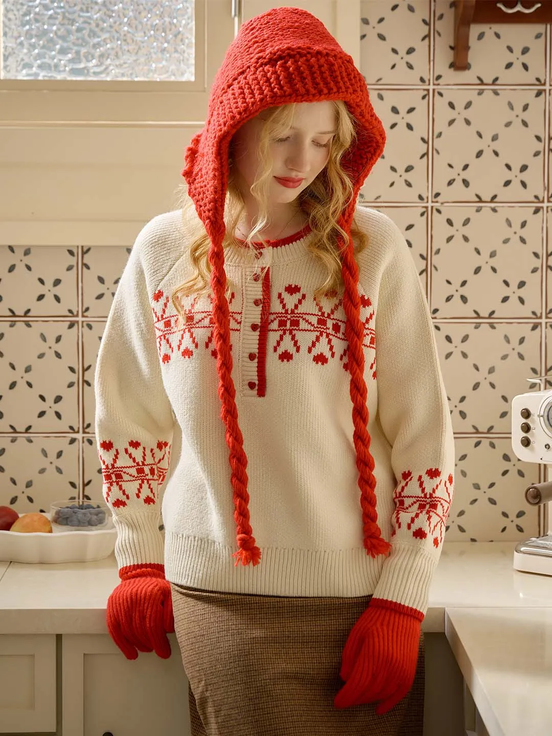 Sarah Contrast Crew Neck Pattern Sweater Odor Resistant Material Oversized Collar