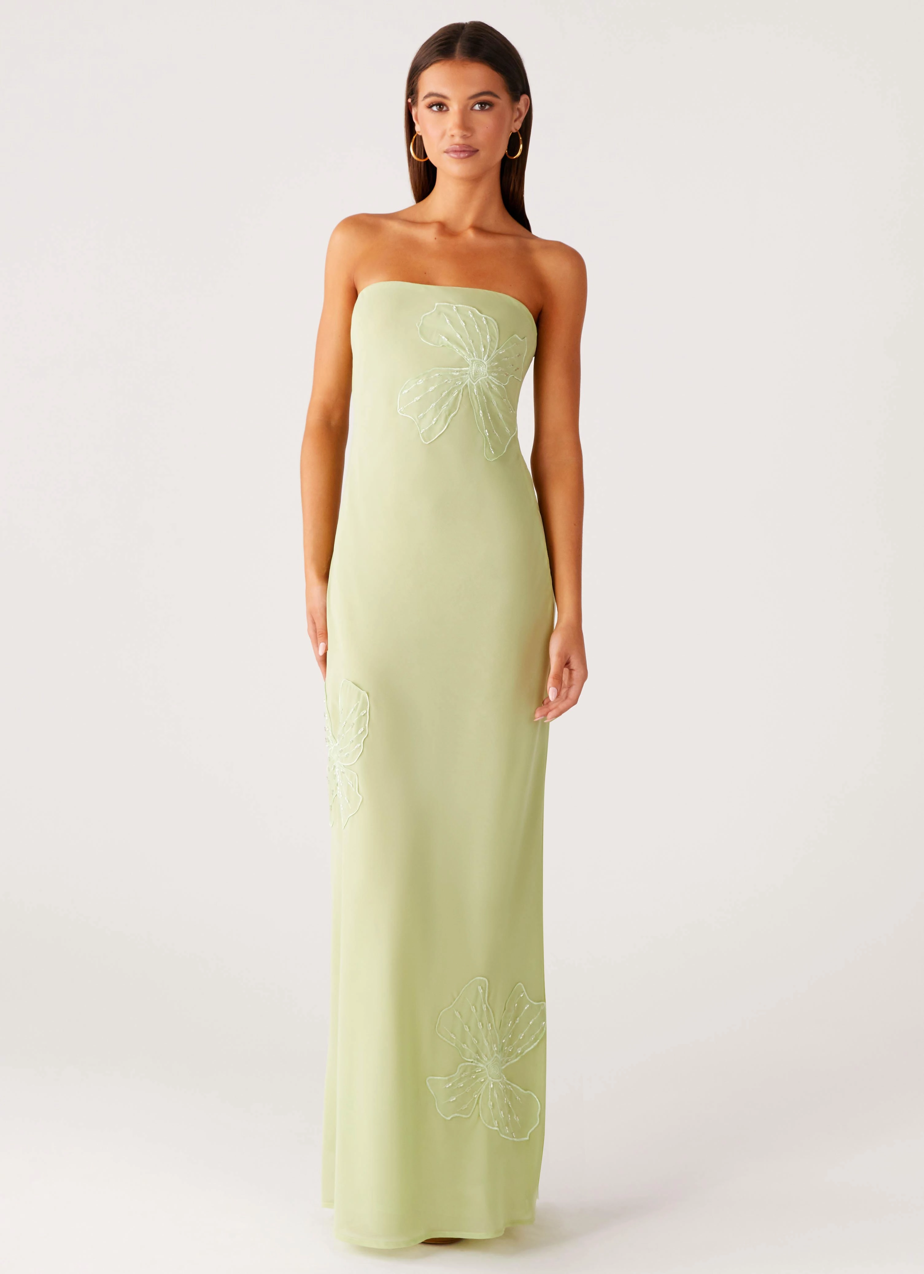 Sassafras Beaded Flower Strapless Maxi Dress - Lime NonSlipClosure