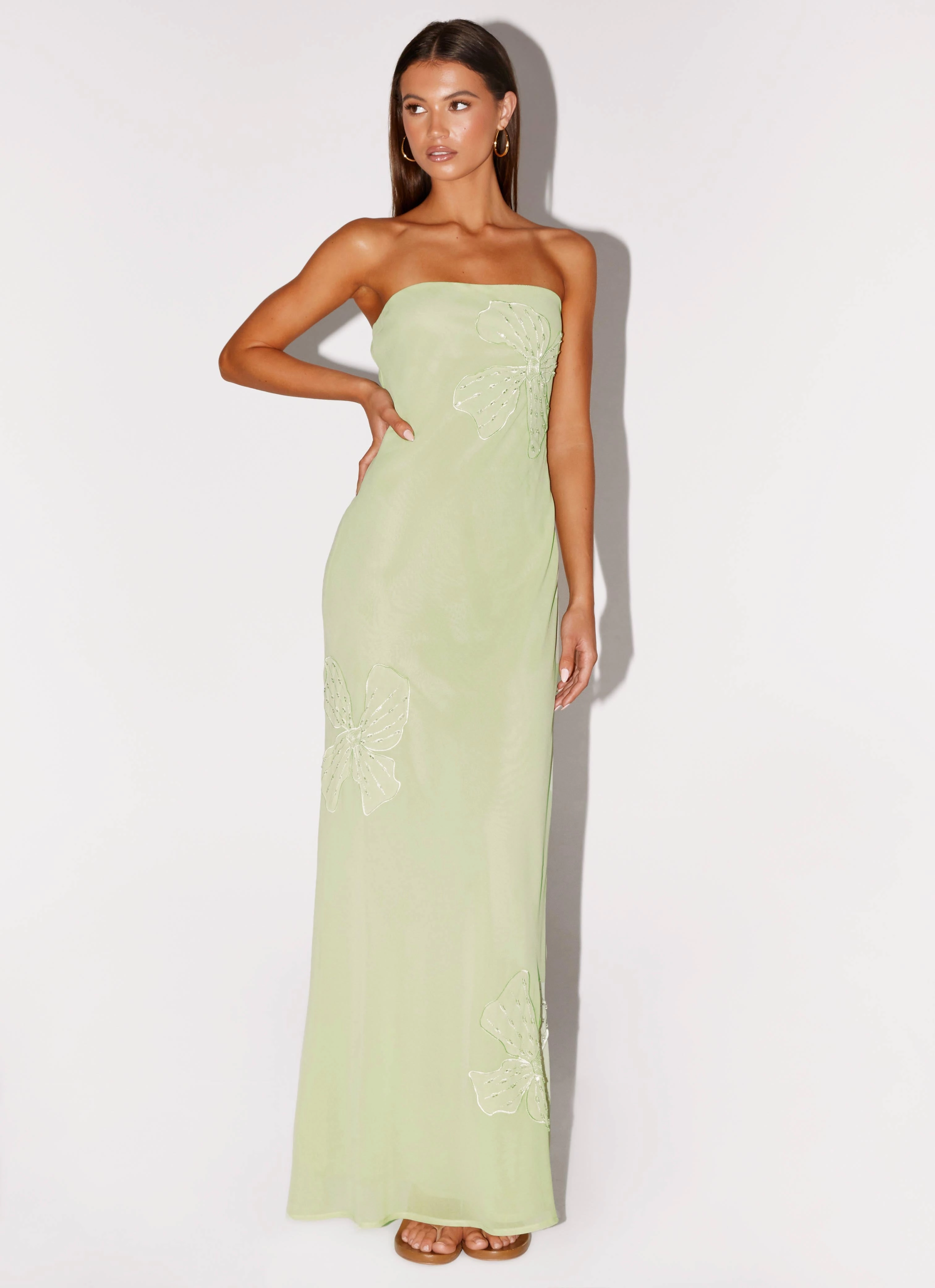 Flowy casual dress Sleek Appearance Sassafras Beaded Flower Strapless Maxi Dress - Lime
