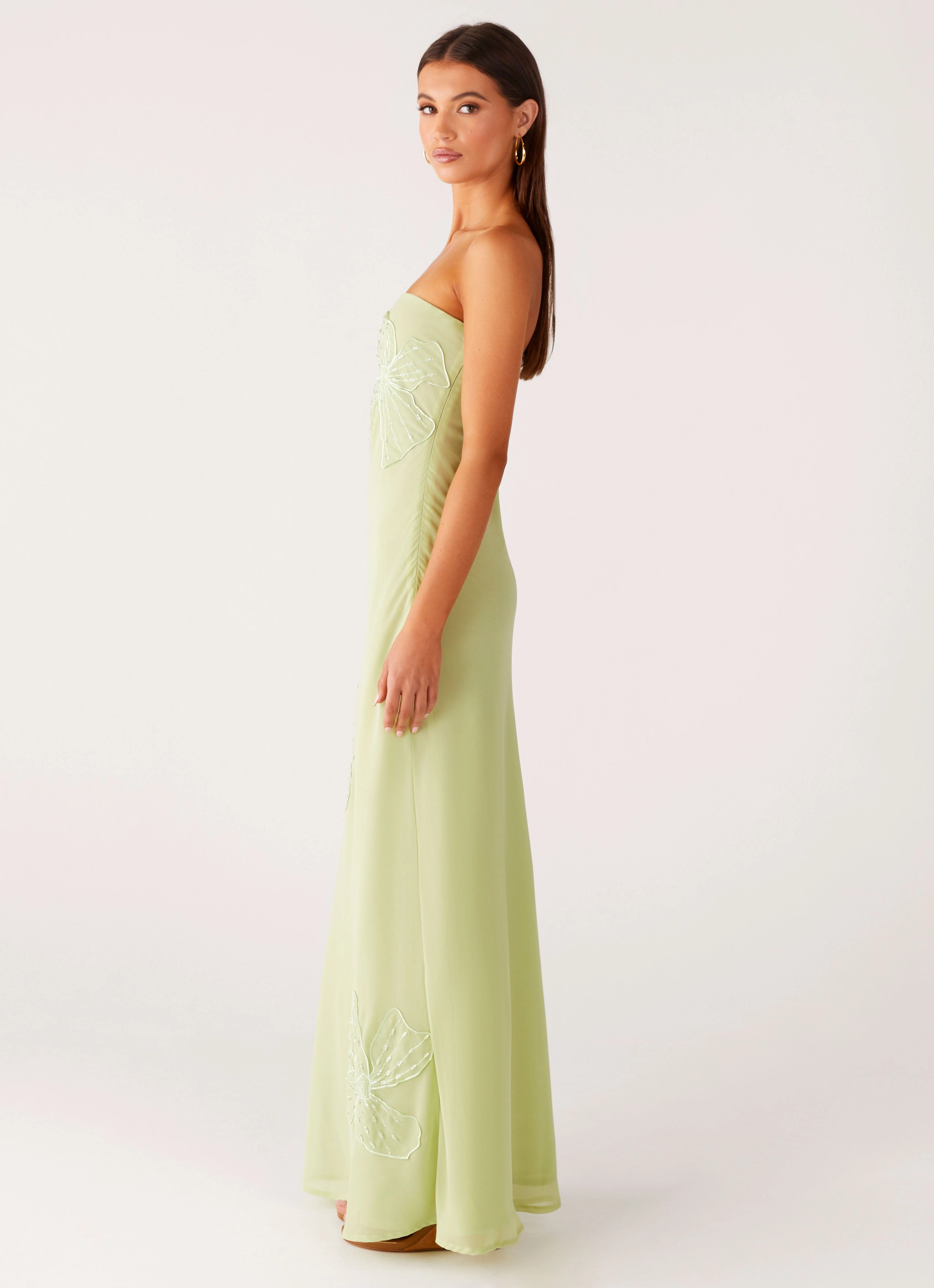 Casual Must-Have Sassafras Beaded Flower Strapless Maxi Dress - Lime