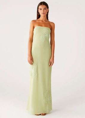 Sassafras Beaded Flower Strapless Maxi Dress - Lime Elegant Mood
