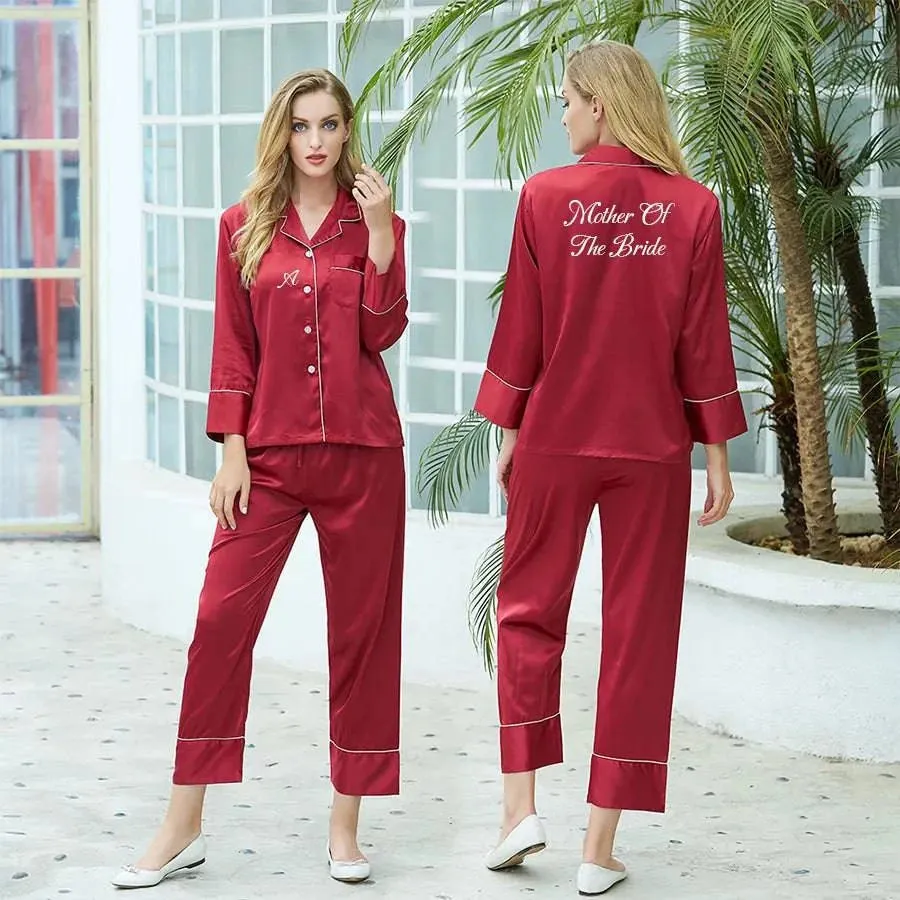 Satin Bride & Bridesmaid Pajama Set - Custom Long Sleeve Silk Pajamas