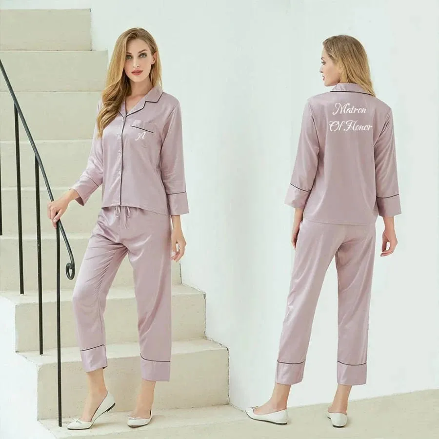 Satin Bride & Bridesmaid Pajama Set - Custom Long Sleeve Silk Pajamas