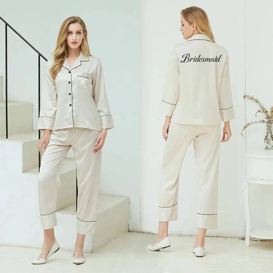 Satin Bride & Bridesmaid Pajama Set - Custom Long Sleeve Silk Pajamas
