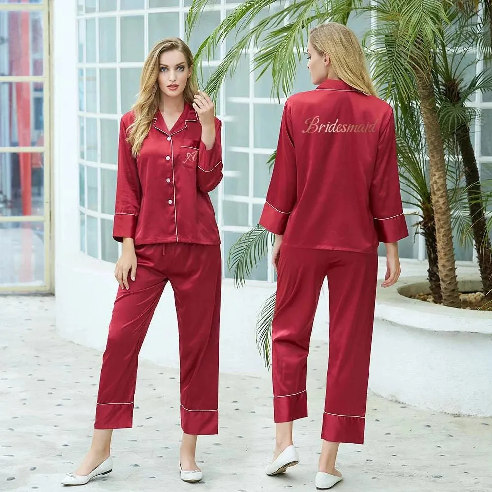 Satin Bride & Bridesmaid Pajama Set - Custom Long Sleeve Silk Pajamas