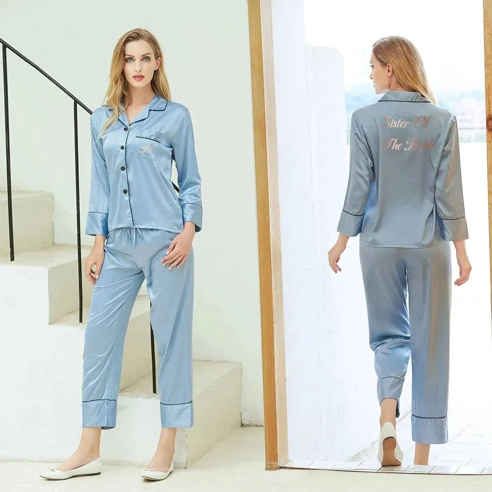 Satin Bride & Bridesmaid Pajama Set - Custom Long Sleeve Silk Pajamas