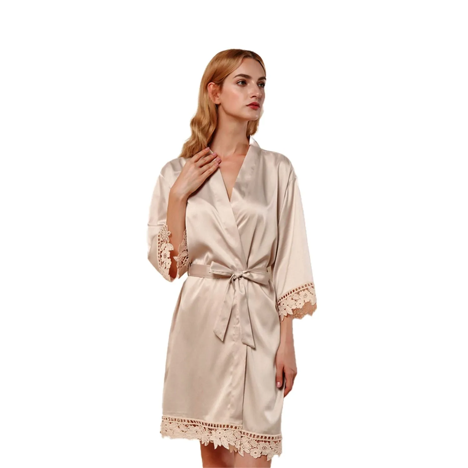 Satin Chunky Lace Bridesmaid Robes - Front Design