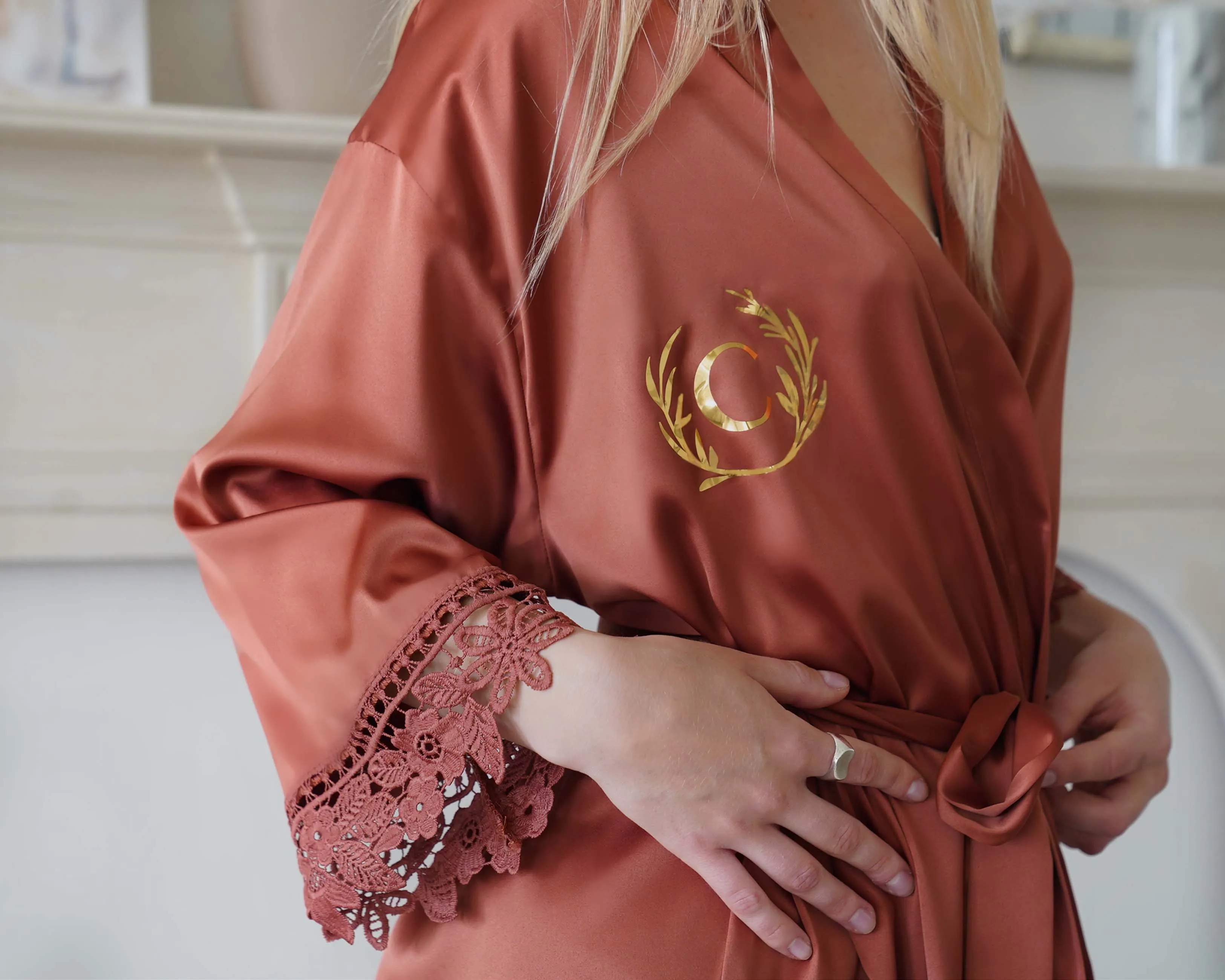 Satin Chunky Lace Bridesmaid Robes - Front Design