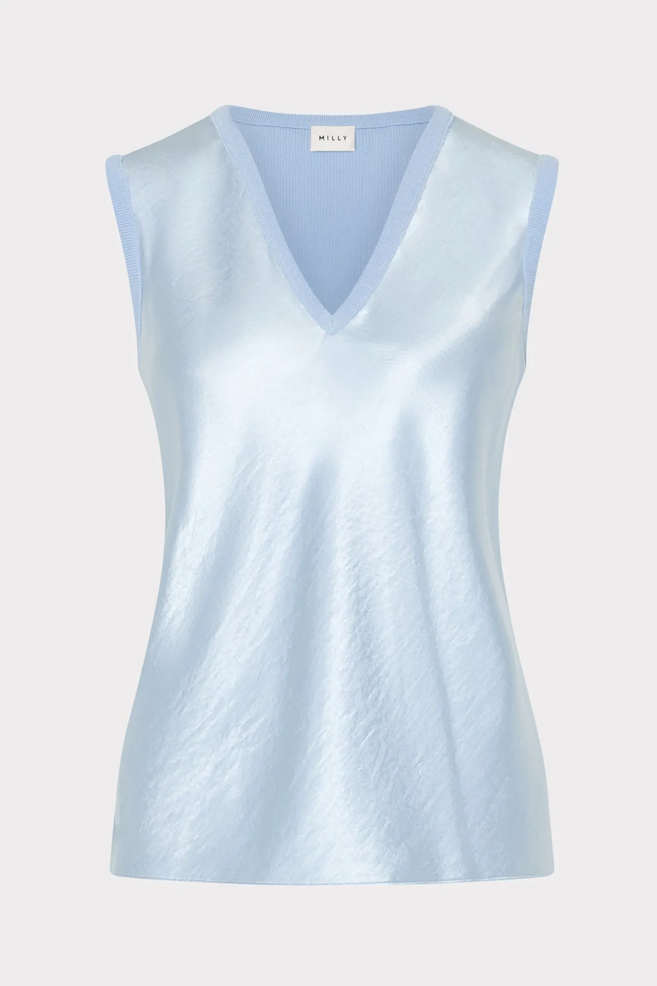 Hybrid Fabric Blend Satin Knit Combination V-Neck Top