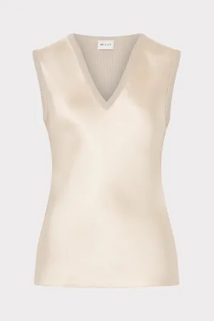 Satin Knit Combination V-Neck Top RawHemDetail