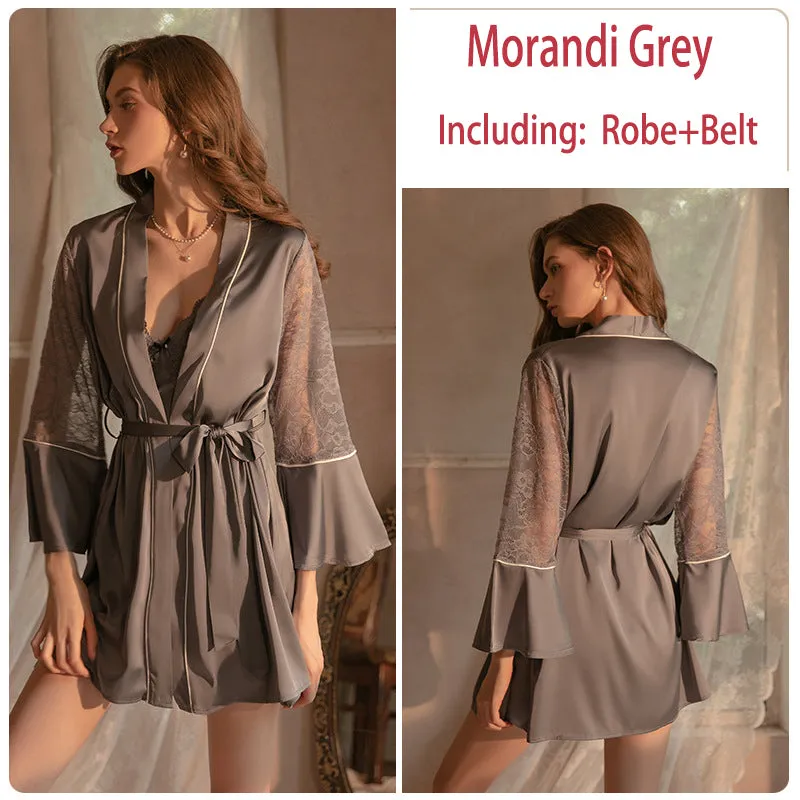 Satin Lace Bra Slip Nightdress Tie Robe Homewear Set