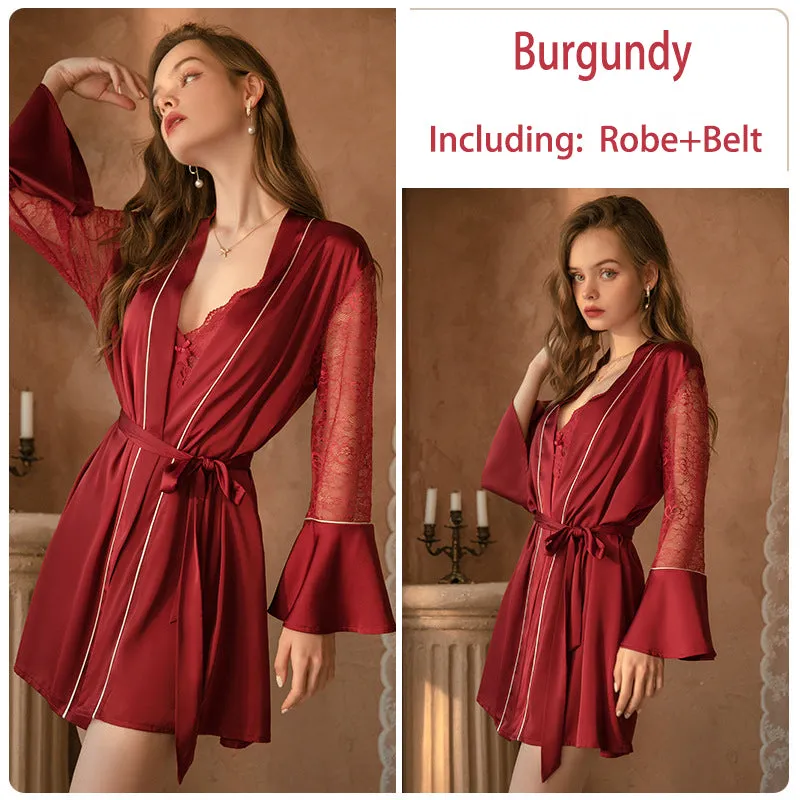 Satin Lace Bra Slip Nightdress Tie Robe Homewear Set