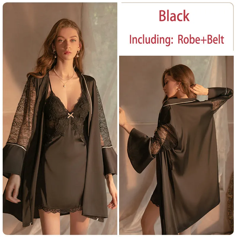 Satin Lace Bra Slip Nightdress Tie Robe Homewear Set